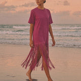 Bohemian Traders Fringed T-Shirt Dress - Magenta