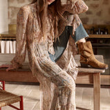 Spell Damask Button Through Gown - Chai Yellow